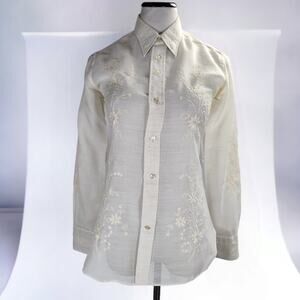 Vintage 70s Italian Sheer Embroidered Shirt Men's 36 Ivory Boho Wedding